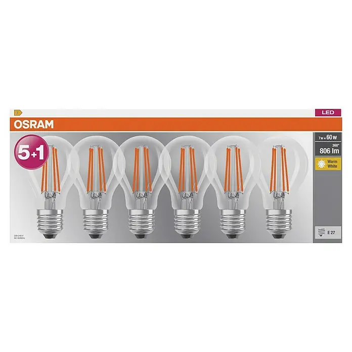 Osram LED-Lampen Set Base Classic - E27, Glänzend, Nicht Dimmbar, Warmweiß, 806 lm, 7 W, 6 Stk. - Produktverpackung mit sechs OSRAM LED-Glühbirnen (5+1). Warmweißes Licht mit 7W Leistung, entspricht 60W, 806 Lumen, Sockel E27.