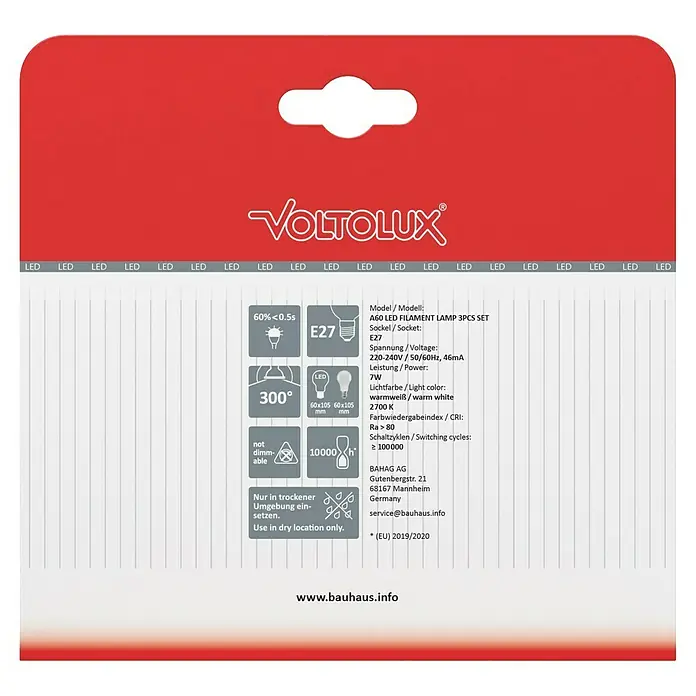 Voltolux LED-Lampen Set - E27, Nicht Dimmbar, Warmweiß, 806 lm, 7 W, 3 Stk., Farblos - Produktbild einer LED-Filamentlampe A60, 3er-Set, E27 Sockel, 7W, warmweißes Licht (2700K), nicht dimmbar und nur für trockene Umgebungen geeignet.
