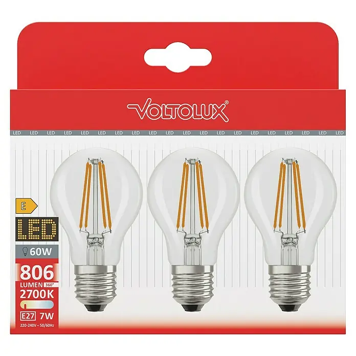 Voltolux LED-Lampen Set - E27, Nicht Dimmbar, Warmweiß, 806 lm, 7 W, 3 Stk., Farblos - Eine Packung Voltolux LED-Glühbirnen mit E27-Sockel, 7W, 806 Lumen und 2700K Farbtemperatur. Ideal für stimmungsvolle Beleuchtung.