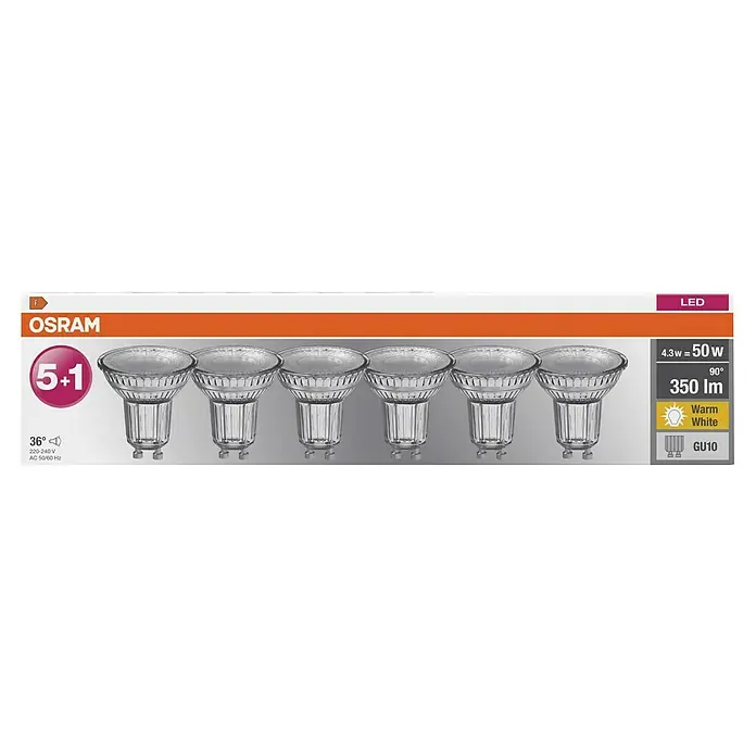 Osram Star LED-Lampen Set - GU10, Nicht Dimmbar, Warmweiß, 350 lm, 4,3 W, 6 Stk. - Bild einer 6er-Packung OSRAM LED GU10-Glühbirnen. Die Glühbirnen sind warmweiß und haben eine Leistung von 4,3 W, was 50 W entspricht.