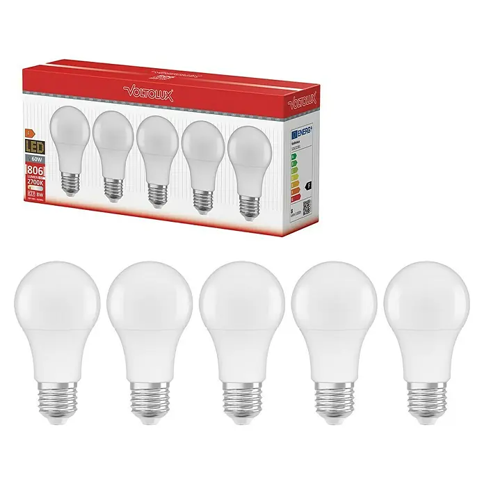 Voltolux LED-Lampen Set matt - E27, Nicht Dimmbar, Warmweiß, 806 lm, 8 W, 5 Stk. - Packung mit 5 Voltolux LED-Glühbirnen, 60W, 806 Lumen, 2700K, E27 8W für energiesparende und helle Beleuchtung.
