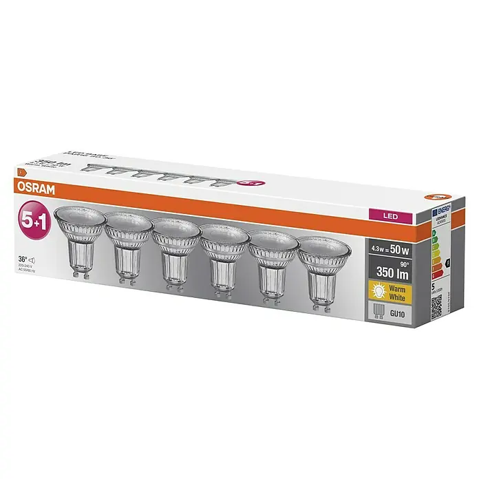 Osram Star LED-Lampen Set - GU10, Nicht Dimmbar, Warmweiß, 350 lm, 4,3 W, 6 Stk. - Packung Osram LED-Leuchtmittel GU10, 4.3W, warmweiß, 5+1 gratis, ideal für stimmungsvolle Beleuchtung mit geringem Energieverbrauch.