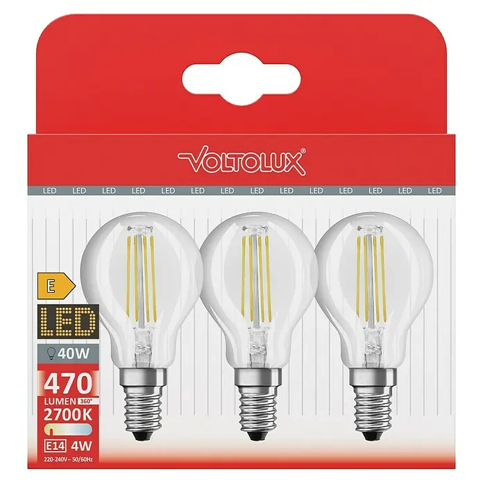 Voltolux LED-Lampen Set - E14, Nicht Dimmbar, Warmweiß, 470 lm, 7 W, 3 Stk., Birne - Verpackung mit drei VOLTOLUX E14 LED-Lampen mit je 4W, die ein warmweißes Licht mit 2700K und 470 Lumen erzeugen.