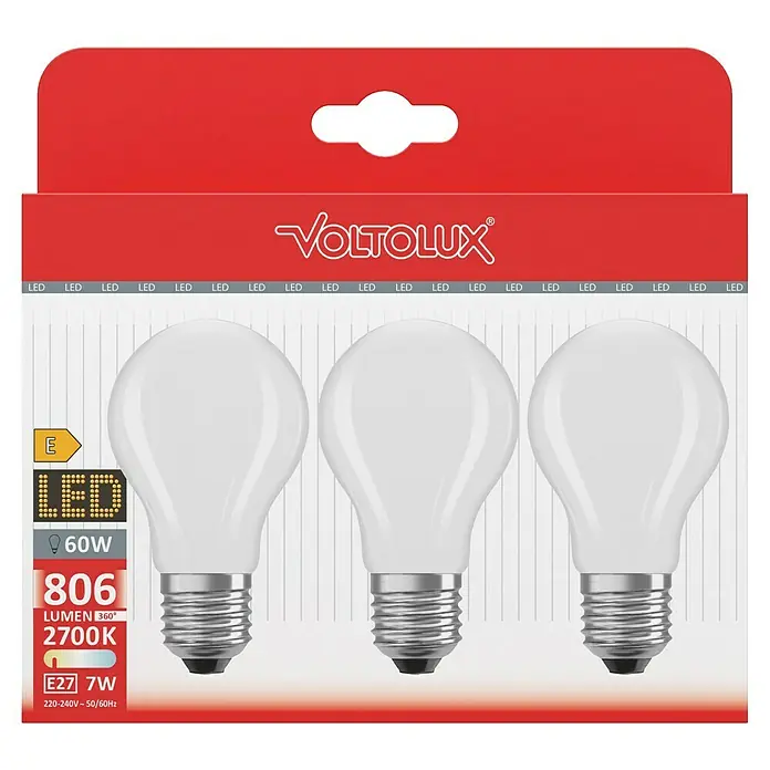 Voltolux LED-Lampen Set - E27, Nicht Dimmbar, Warmweiß, 806 lm, 7 W, 3 Stk., Weiß - Eine Dreierpackung Voltoulux E27 7W LED-Lampen mit 806 Lumen und 2700K Farbtemperatur, ideal für eine helle und energieeffiziente Beleuchtung.