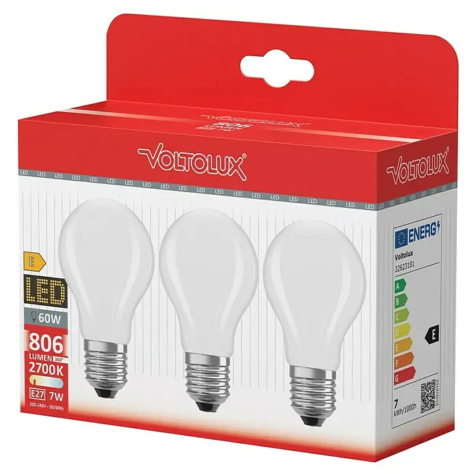 Voltolux LED-Lampen Set - E27, Nicht Dimmbar, Warmweiß, 806 lm, 7 W, 3 Stk., Weiß - Eine Packung VoltOLUX LED-Glühbirnen mit E27-Fassung, 7 W, 806 Lumen und 2700 K Farbtemperatur.