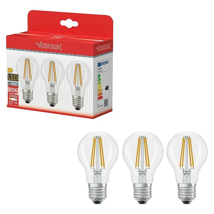 Voltolux LED-Lampen Set - E27, Nicht Dimmbar, Warmweiß, 806 lm, 7 W, 3 Stk., Farblos - Eine Packung Voltolux LED-Glühbirnen, die für ihre Energieeffizienz und ihr warmes, angenehmes Licht bekannt sind.