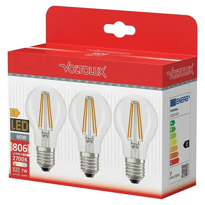 Voltolux LED-Lampen Set - E27, Nicht Dimmbar, Warmweiß, 806 lm, 7 W, 3 Stk., Farblos - Die Packung Voltolux LED-Lampen mit E27-Sockel, 7W, 806 Lumen und 2700K Farbtemperatur für warmweißes Licht.