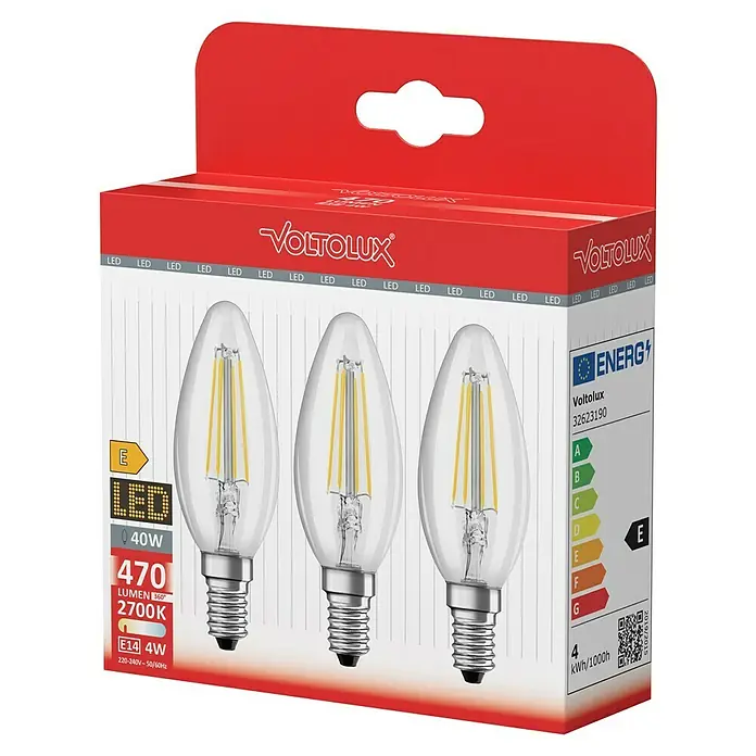 Voltolux LED-Lampen Set - E14, Nicht Dimmbar, Warmweiß, 470 lm, 7 W, 3 Stk., Kerze - Eine Dreierpackung Voltolux LED-Glühbirnen im Kerzen-Design, E14 Sockel, 4W Leistung und warmweißem Licht für eine gemütliche Atmosphäre.