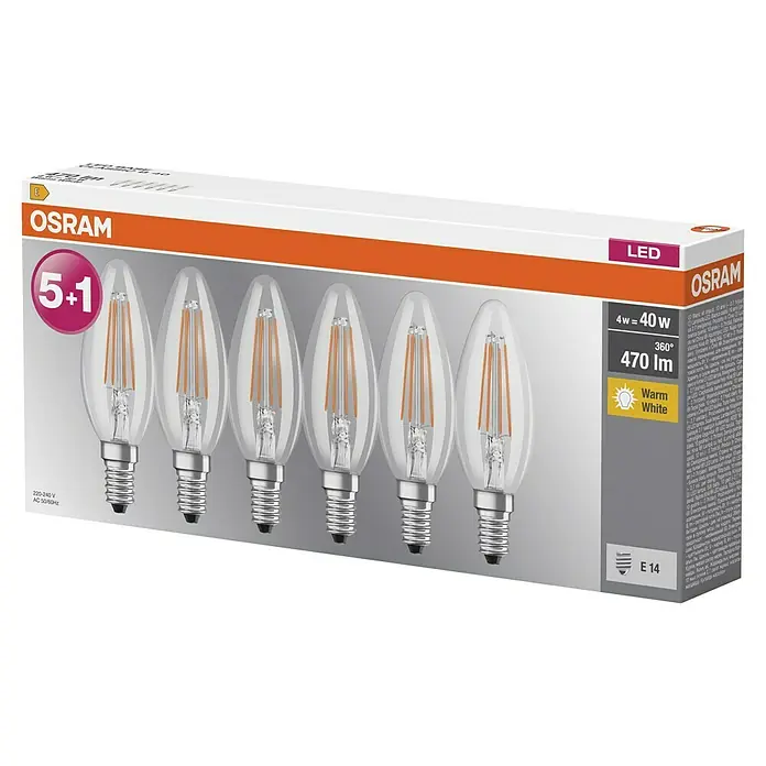 Osram Star LED-Lampen Set - E14, Nicht Dimmbar, Warmweiß, 470 lm, 4 W, 6 Stk. - Verpackung mit sechs OSRAM LED-Filament-Kerzenlampen, E14, 4W, warmweiß, für eine stimmungsvolle Beleuchtung.