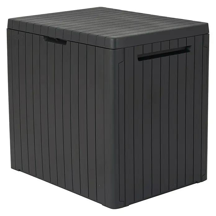 Keter Auflagenbox City Box - 44 x 578 x 55 cm, Kunststoff, Anthrazit - Bild einer schwarzen Keter Aufbewahrungsbox mit Lattenmuster. Die Box hat eine rechteckige Form und Griffe an den Seiten.