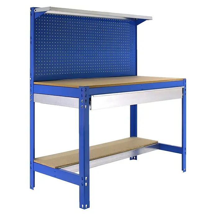 Simonrack Simonwork Werkbank BT3 Box 1200 - L x B: 61 x 121 cm, Arbeitshöhe: 144,5 cm, Belastbarkeit: 600 kg, Blau - Werkbank mit Lochwand und zusätzlicher Ablage. Stabile Konstruktion für Handwerker und Heimwerker mit viel Stauraum.