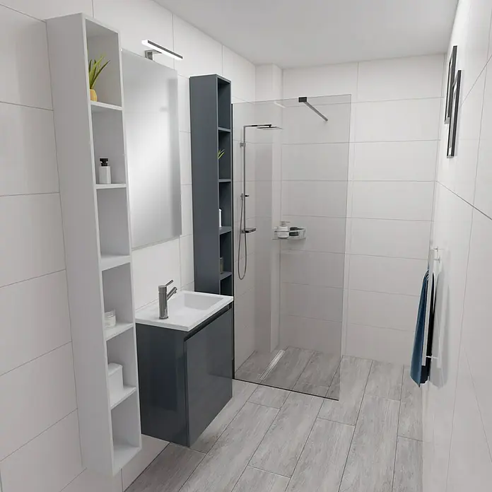 Camargue Espacio Badmöbel-Set H55 - 90 cm, Gama anthrazit glänzend - Elegantes Badezimmer-Interieur mit Waschtisch, Spiegelschrank und begehbarer Dusche, das modernes Design und Funktionalität vereint.