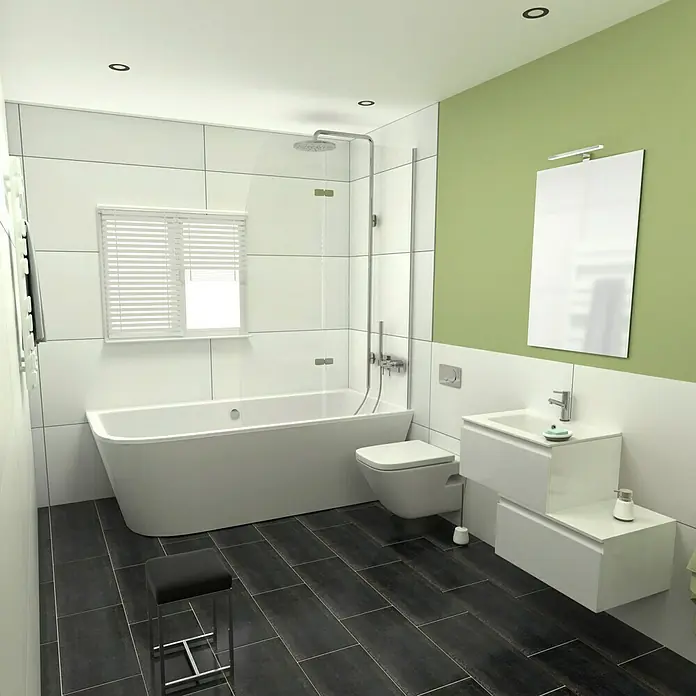 Camargue Espacio Badmöbel-Set G43 - 80 cm, Gama weiß glänzend - Elegantes Badezimmer-Design mit freistehender Badewanne, moderner Waschtischkombination und grüner Akzentwand. Schwarzer Bodenbelag sorgt für Kontrast.