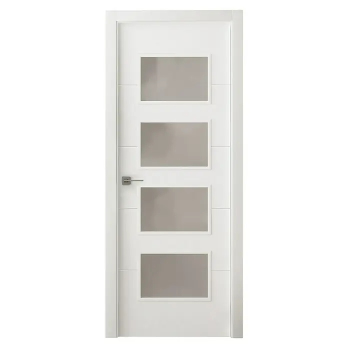 Pack puerta acristalada reversible - 82,5 x 203 cm, Izquierda/Derecha, Blanco - Elegante puerta blanca con cuatro inserciones rectangulares de vidrio y un moderno tirador, un elemento elegante para cualquier espacio.