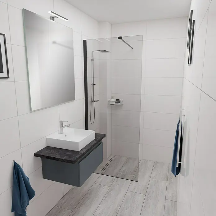Camargue Espacio Waschtischunterschrank - 60 x 46 x 30 cm, Gama anthrazit matt - Badezimmer-Interieur mit modernem Waschtisch, Spiegel und begehbarer Dusche. Elegante und funktionale Badgestaltung für Komfort.