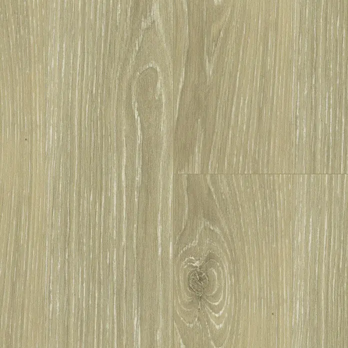 Decolife Designboden Freestyle Access Oak Rustic Washed Grey - 1.220 x 185 x 8,5 mm, Landhausdiele, Oak Rustic Washed Grey - Detailaufnahme eines hellen Holzfußbodens mit einer natürlichen Holzmaserung und einer horizontalen Fuge, die das Muster unterbricht.