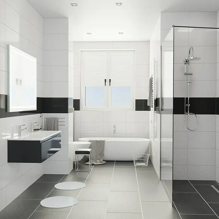 Camargue Espacio Badmöbel-Set K15 - 120 cm, Gama anthrazit glänzend - Helles Badezimmerdesign mit moderner Dusche, Badewanne und Waschbecken. Die graue und weiße Fliesenkombination sorgt für einen eleganten Look.