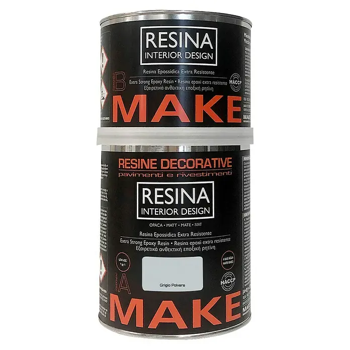 Fleur Resina epoxi Interior Design - Gris, 750 ml - Imagen de dos latas apiladas de resina epoxi Resina Interior Design, etiquetadas como "MAKE".