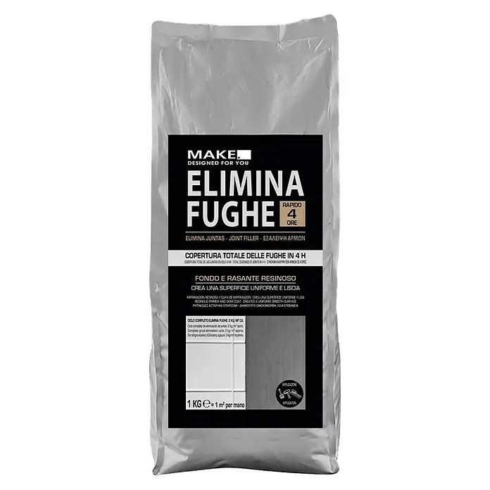 Fleur Masilla para juntas Elimina Fughe - 1 kg, Gris - Imagen de un producto MAKE Elimina Fughe, un relleno de juntas de fraguado rápido que proporciona una cobertura total de las juntas en 4 horas.