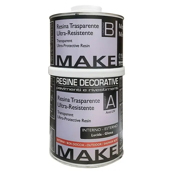 Fleur Resina epoxi Transparente Ultra-Resistente - Transparente, 1 l, Brillante - Dos latas de resina transparente ultraprotectora de MAKE, componentes A y B, para aplicaciones decorativas de interior y exterior.