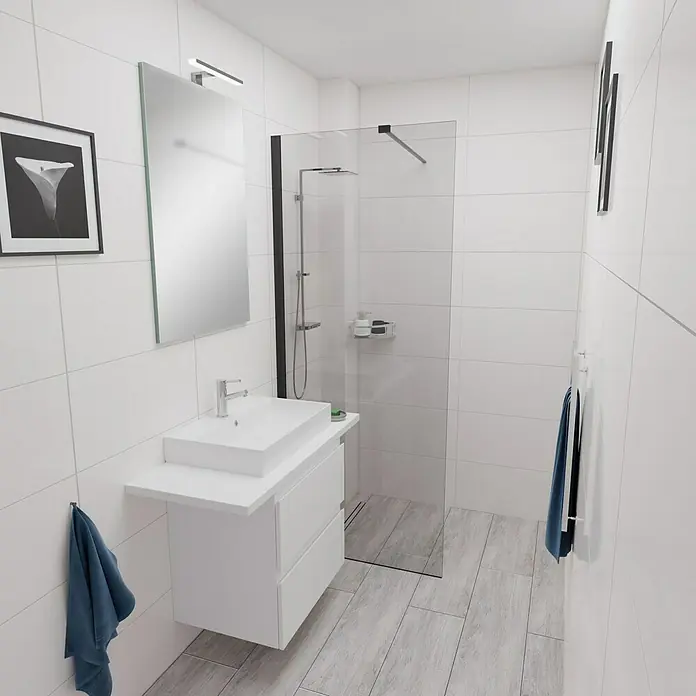 Camargue Espacio Badmöbel-Set i102 - 100 cm, Gama weiß matt - Helles Badezimmer mit weißem Waschtisch, Spiegel und begehbarer Dusche. Das moderne Design besticht durch klare Linien und minimalistische Ästhetik.