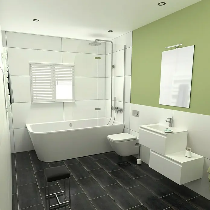 Camargue Espacio Badmöbel-Set G42 - 80 cm, Gama weiß matt - Ein modernes Badezimmer mit einer freistehenden Badewanne, weißen Fliesen und grüner Akzentwand, das eine helle und entspannende Atmosphäre schafft.