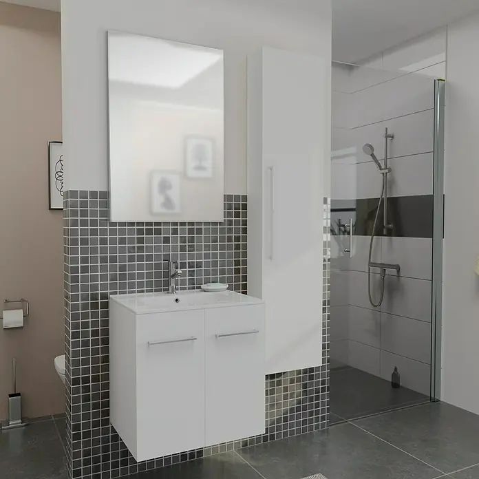 Camargue Espacio Badmöbel-Set i1 - 100 cm, Mira - Das Bild zeigt ein Badezimmer-Waschbecken mit einem Spiegel und einem hohen Schrank in einem modernen Badezimmer.