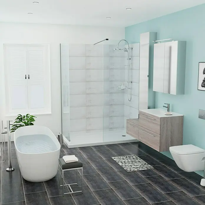 Camargue Espacio Badmöbel-Set M67 - 140 cm, Faro - Ein modernes Badezimmer mit einer freistehenden Badewanne, einer begehbaren Dusche und einem Waschtisch mit Stauraum in Holzoptik.