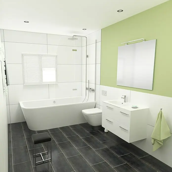 Camargue Espacio Unterschrank - 40 x 46 x 60 cm, Mira - Helles Badezimmer mit Badewanne, Toilette, Waschbecken und grauen Bodenfliesen, das eine moderne und saubere Atmosphäre bietet.