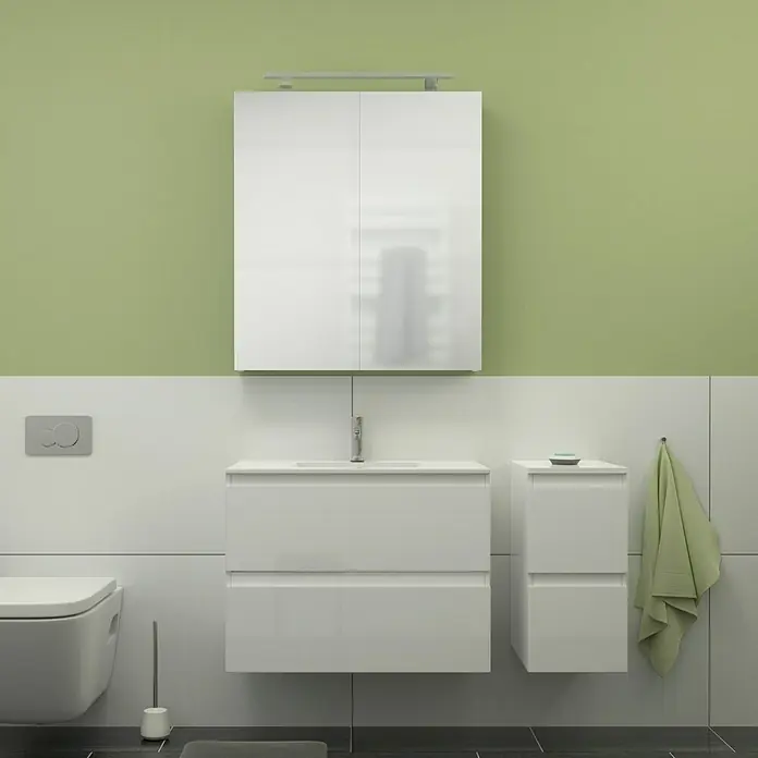 Camargue Espacio Badmöbel-Set J13 - 110 cm, Gama weiß glänzend - Ein modernes Badezimmer mit einem weißen Waschtisch mit zwei Schubladen und einem Spiegelschrank über dem Waschbecken.