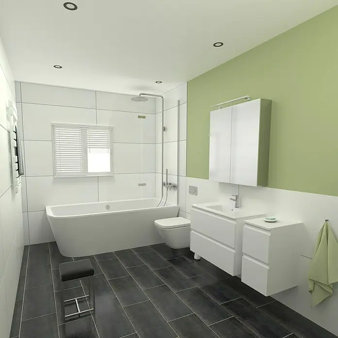 Camargue Espacio Badmöbel-Set J13 - 110 cm, Gama weiß glänzend - Ein Badezimmer mit Badewanne, Dusche, Waschtisch und Toilette in einem modernen Design mit grauen Bodenfliesen und grüner Wand.