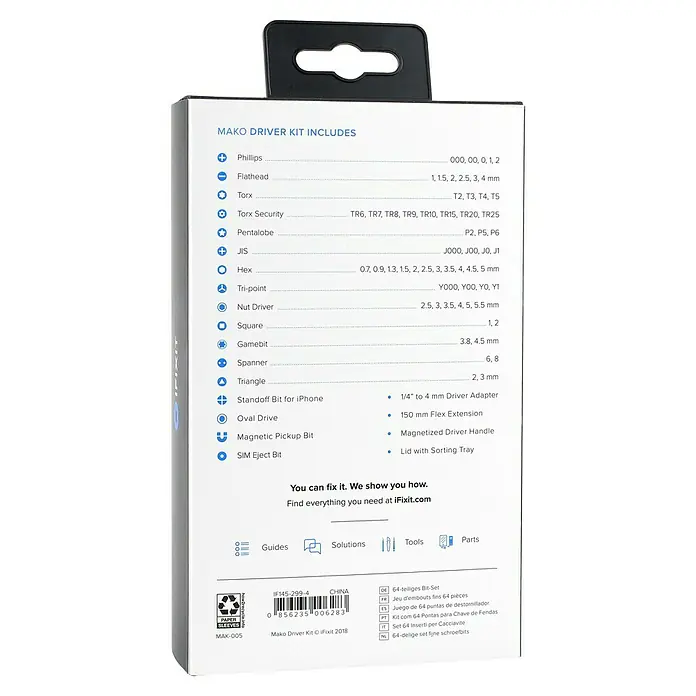 iFixit Bit-Set Mako Precision - Geeignet für: Smartphones - Bild der Mako Driver Kit Verpackung, die die enthaltenen Bits und Zubehörteile auflistet.