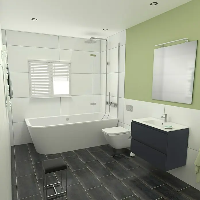 Camargue Espacio Badmöbel-Set G4 - 80 cm, Gama anthrazit matt - Ein Badezimmer mit weißer Badewanne, dunklem Waschtisch und grüner Akzentwand bietet ein modernes und stilvolles Ambiente für entspannende Momente.