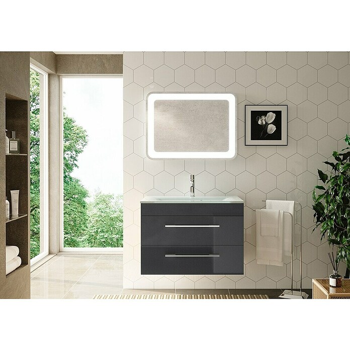 Camargue Stella K Waschtischunterschrank (47 x 80 x 55 cm, 2 Schubkästen, Grafit, Hochglanz)