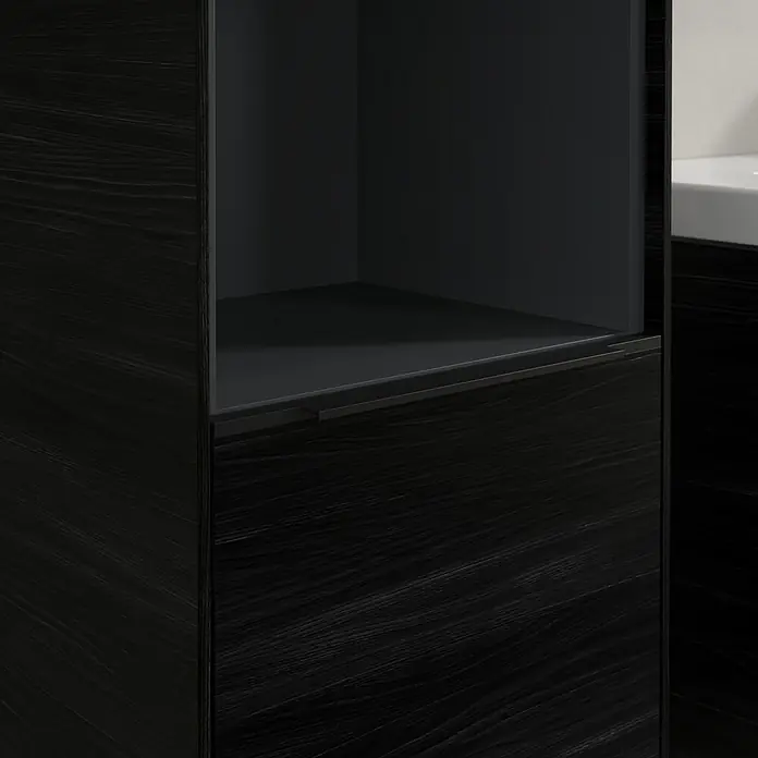 Villeroy & Boch Subway 3.0 Hochschrank - B x T x H: 40 x 36,2 x 171 cm, 1x offenes Fach, 2x Tür, Black Oak, Farbe Griff: Volcano black, DIN Anschlag: Links - Elegantes Waschbeckenmöbel in dunklem Holzdesign mit offenem Fach und Schublade für stilvolle Badezimmeraufbewahrung.