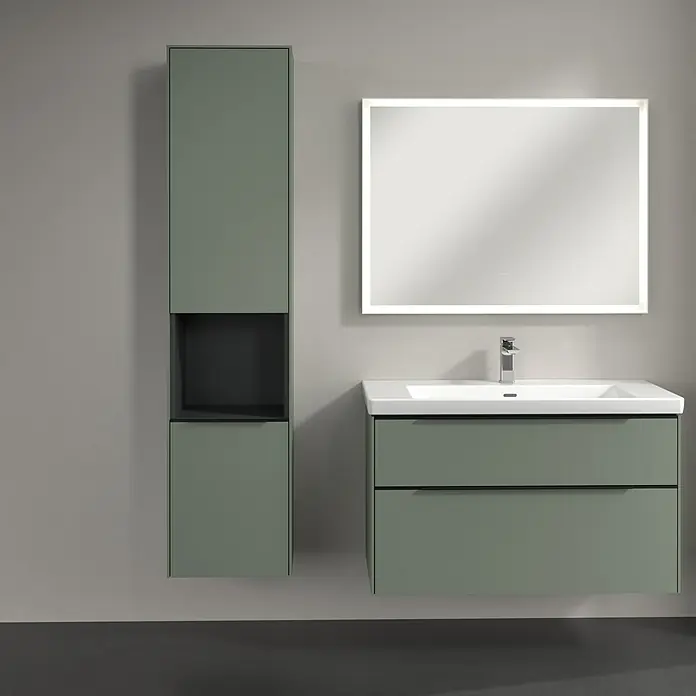 Villeroy & Boch Subway 3.0 Hochschrank - B x T x H: 40 x 36,2 x 171 cm, 1x offenes Fach, 2x Tür, Soft Green, Farbe Griff: Volcano black, DIN Anschlag: Links - Badezimmer-Set in Grün mit Unterschrank, Waschbecken und beleuchtetem Spiegel. Moderne Badgestaltung mit Stauraum und stilvollem Design.
