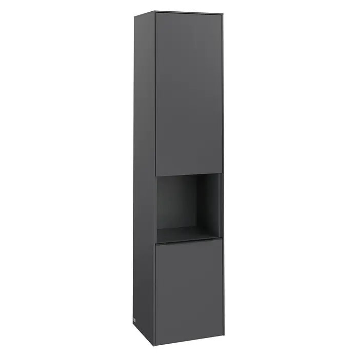 Villeroy & Boch Subway 3.0 Hochschrank - B x T x H: 40 x 36,2 x 171 cm, 1x offenes Fach, 2x Tür, Graphite, Farbe Griff: Volcano black, DIN Anschlag: Links - Ein moderner, grauer Hochschrank mit glatten Fronten und einem offenen Fach in der Mitte. Ideal für Badezimmer oder als stilvolles Stauraumelement.