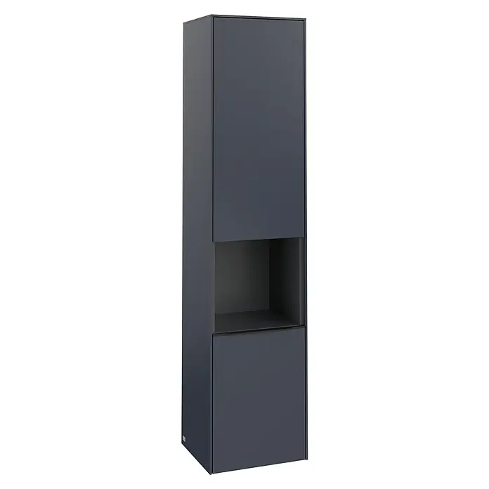 Villeroy & Boch Subway 3.0 Hochschrank - B x T x H: 40 x 36,2 x 171 cm, 1x offenes Fach, 2x Tür, Marine Blue, Farbe Griff: Volcano black, DIN Anschlag: Links - Ein moderner, grauer Badschrank mit zwei Türen und einem offenen Fach in der Mitte, ideal zur Aufbewahrung von Badutensilien und zur stilvollen Gestaltung des Badezimmers.