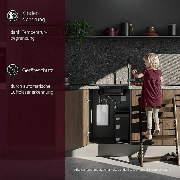 AEG Durchlauferhitzer DDLE Kompakt - 13,5 kW, Elektronisch - AEG-Produkt: Eine Kindersicherung dank Temperaturbegrenzung und Geräteschutz durch automatische Luftblasenerkennung.