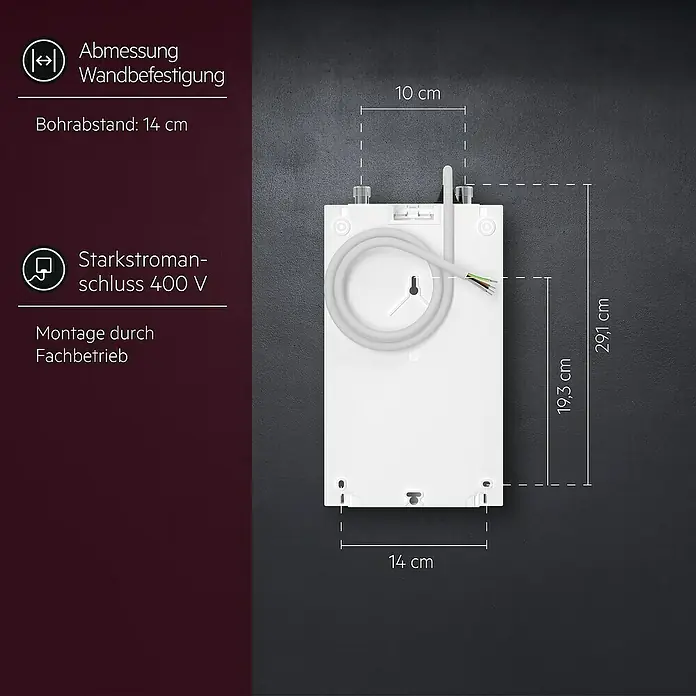 AEG Durchlauferhitzer DDLE Kompakt - 13,5 kW, Elektronisch - Eine Nahaufnahme eines Boilers mit den Maßen 29,1 cm Höhe und 14 cm Breite, der an einer Wand befestigt ist.