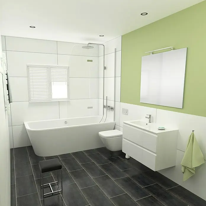 Camargue Espacio Badmöbel-Set i23 - 100 cm, Gama weiß glänzend - Ein Badezimmer mit einer modernen Badewanne, einer hellgrünen Wand und dunklen Fliesen sorgt für eine elegante Atmosphäre.