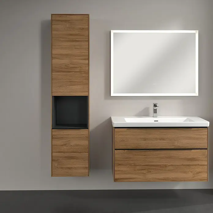 Villeroy & Boch Subway 3.0 Hochschrank - B x T x H: 40 x 36,2 x 171 cm, 1x offenes Fach, 2x Tür, Kansas Oak, Farbe Griff: Volcano black, DIN Anschlag: Links - Badezimmerset mit Waschtischunterschrank, Waschbecken, Spiegelschrank und Hochschrank in Holzoptik für ein stilvolles Ambiente.