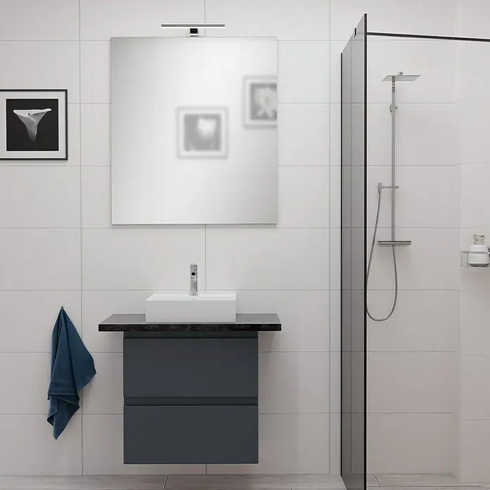 Camargue Espacio Waschtischunterschrank - 60 x 46 x 60 cm, 2 Schubkästen, Gama anthrazit matt - Modernes Badezimmer mit Waschbeckenunterschrank in Anthrazit, eckigem Aufsatzwaschbecken und Spiegel mit integrierter Beleuchtung.