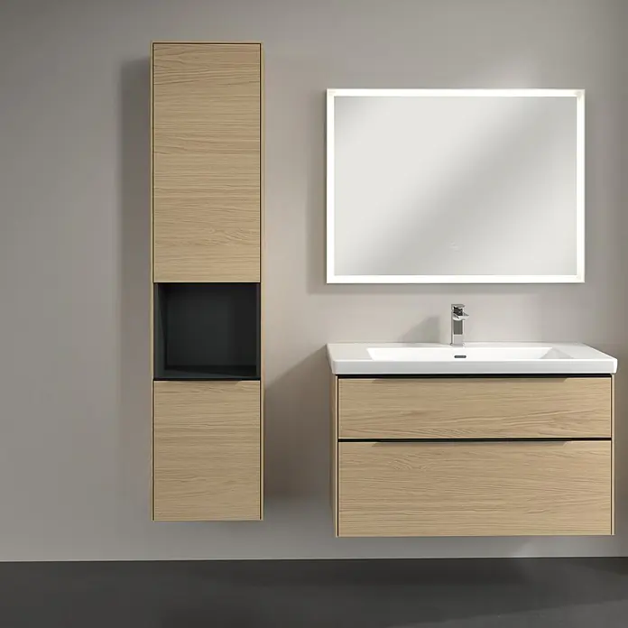 Villeroy & Boch Subway 3.0 Hochschrank - B x T x H: 40 x 36,2 x 171 cm, 1x offenes Fach, 2x Tür, Nordik oak, Farbe Griff: Volcano black, DIN Anschlag: Links - Badezimmer-Ensemble mit Holzwaschtischunterschrank, Spiegelschrank und Hochschrank. Elegantes Design für moderne Bäder.