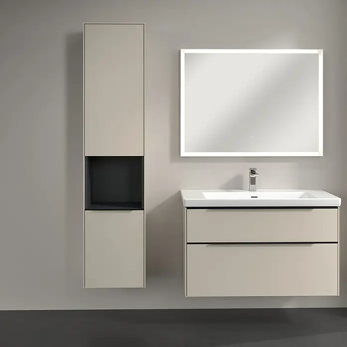 Villeroy & Boch Subway 3.0 Hochschrank - B x T x H: 40 x 36,2 x 171 cm, 1x offenes Fach, 2x Tür, Cashmere Grey, Farbe Griff: Volcano black, DIN Anschlag: Links - Elegantes Badezimmerset mit Waschtischunterschrank, Spiegelschrank und Hochschrank in modernem Design für ein stilvolles Ambiente.