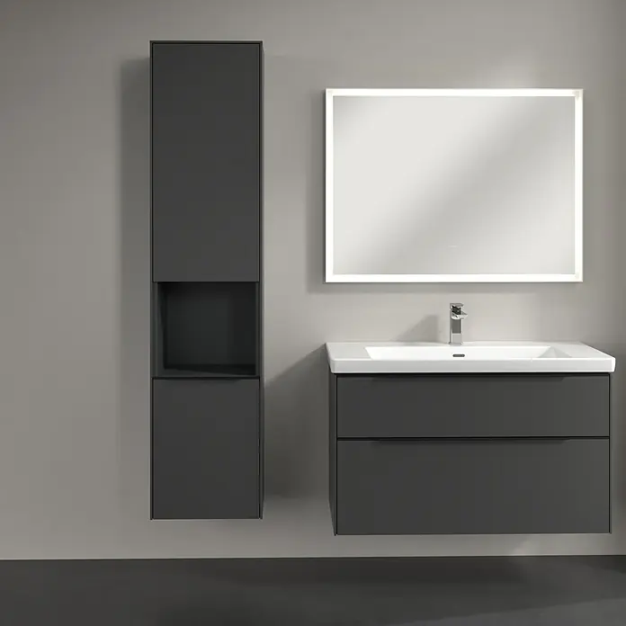 Villeroy & Boch Subway 3.0 Hochschrank - B x T x H: 40 x 36,2 x 171 cm, 1x offenes Fach, 2x Tür, Graphite, Farbe Griff: Volcano black, DIN Anschlag: Links - Modernes Badezimmer-Set in Anthrazit mit Waschbeckenunterschrank, Spiegelschrank und Hochschrank. Elegantes Design für ein stilvolles Bad.