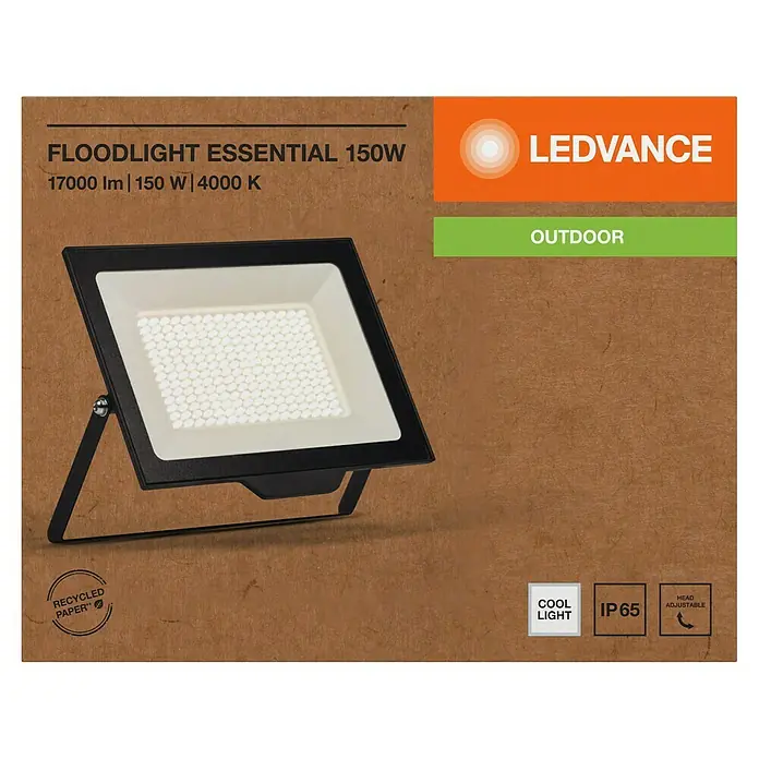 Ledvance Essential LED-Deckenleuchte - 1.580 W, L x B x H: 33,7 x 3,1 x 26,3 cm, Schwarz, Kaltweiß - Abbildung einer LEDVANCE Floodlight Essential 150W Außenleuchte, die helles Licht mit 17000 lm und 4000 K bietet.