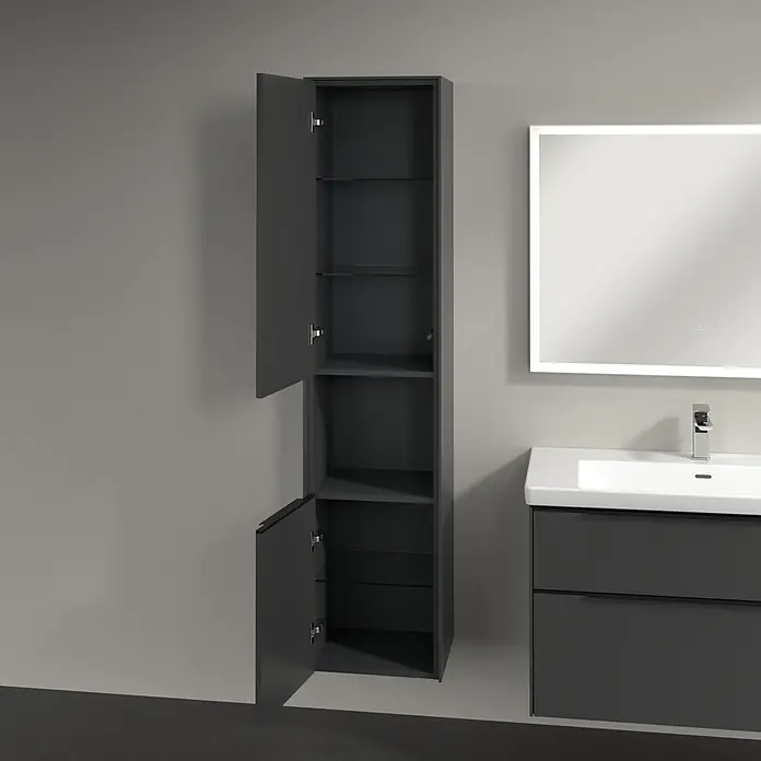 Villeroy & Boch Subway 3.0 Hochschrank - B x T x H: 40 x 36,2 x 171 cm, 1x offenes Fach, 2x Tür, Graphite, Farbe Griff: Volcano black, DIN Anschlag: Links - Der elegante, anthrazitfarbene Badezimmerschrank mit Glasböden bietet viel Stauraum. Seine offenen Türen zeigen das moderne Design.