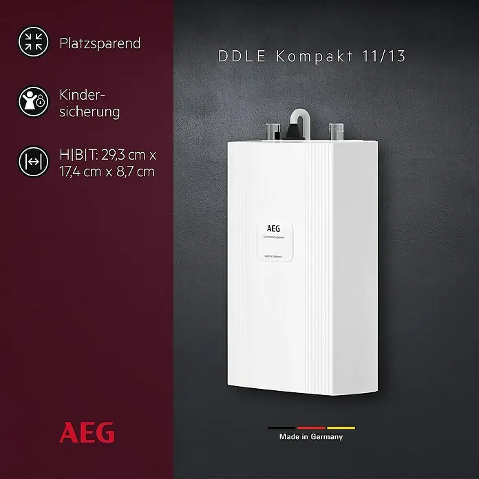 AEG Durchlauferhitzer DDLE Kompakt - 13,5 kW, Elektronisch - Produktbild eines AEG DDLE Kompakt 11/13 Durchlauferhitzers. Kompakte Bauweise, Kindersicherung, Abmessungen 29,3 x 17,4 x 8,7 cm.