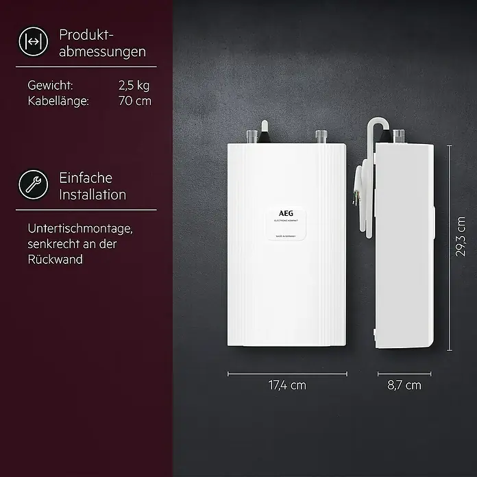AEG Durchlauferhitzer DDLE Kompakt - 13,5 kW, Elektronisch - Abbildung eines weißen AEG-Warmwasserbereiters mit Maßangaben zu Gewicht, Kabellänge und Abmessungen für die Installation.